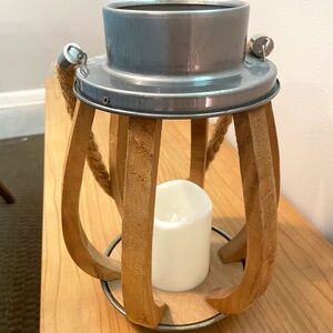Wood and Rope Candle Lantern With Chrome Detail, Battery Operated, Can Hang